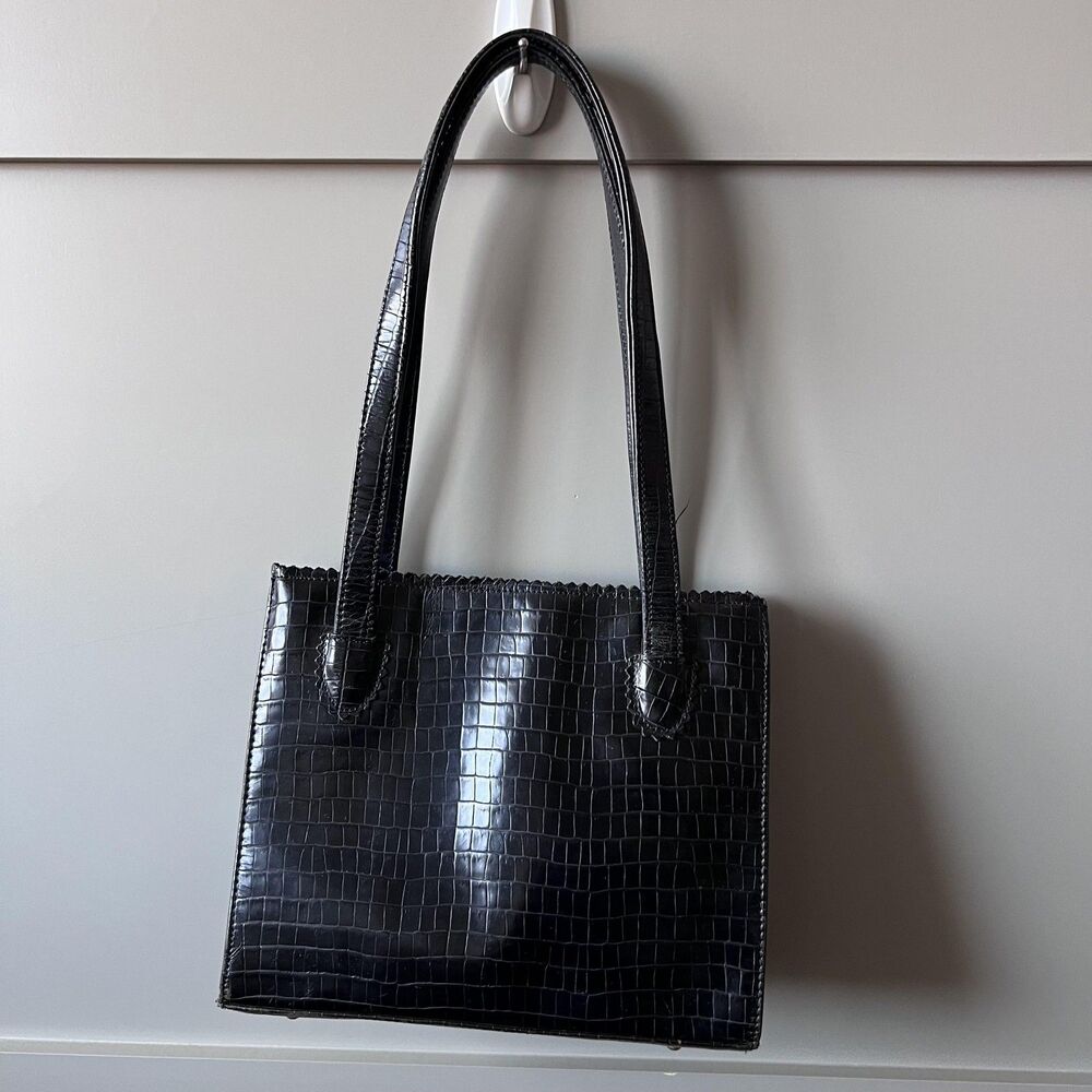 Donald J Pliner Bag Womens Medium Black Croc Embossed Leather Shoulder Tote USA - Picture 6 of 16